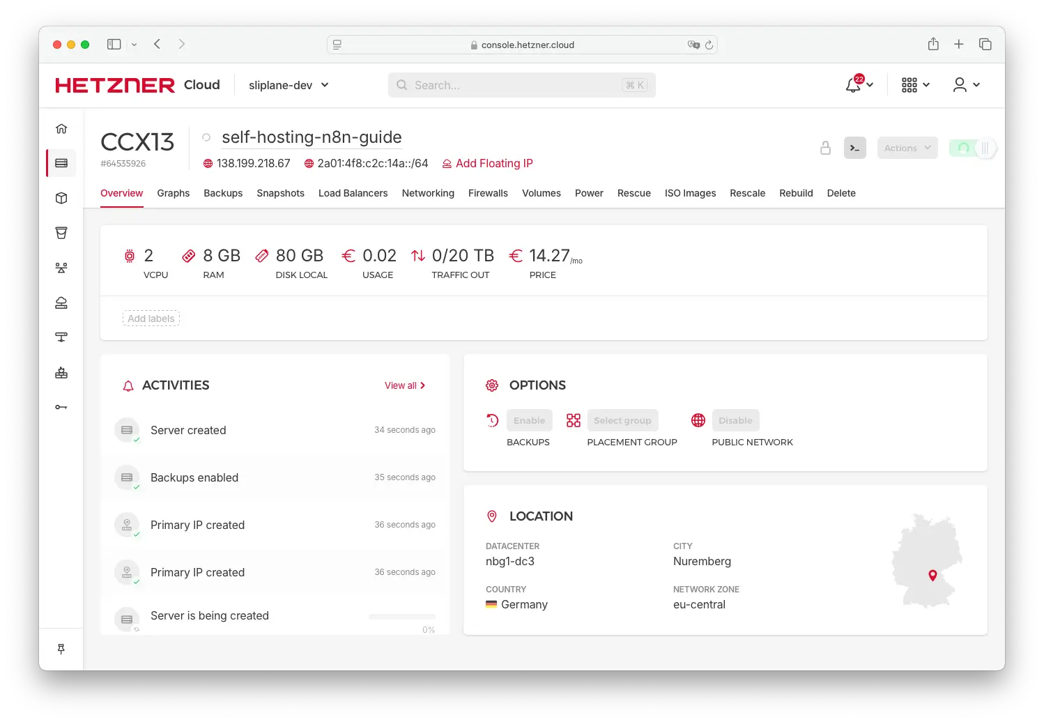 Hetzner server dashboard